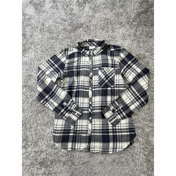 Columbia Shirt Womens Small Navy Gray White Plaid Flannel Button Down Cotton - Picture 1 of 9